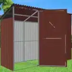 Zaprta vrtna uta Maxy Ruby 36 x 12 m v rjavi barvi z belimi vrati robustne konstrukcije postavljena na zeleni travi