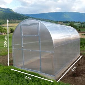 Arched, translucent greenhouse with a metal frame in a rural field; base measures 2 m by 4 m and height 2 m (200 cm).