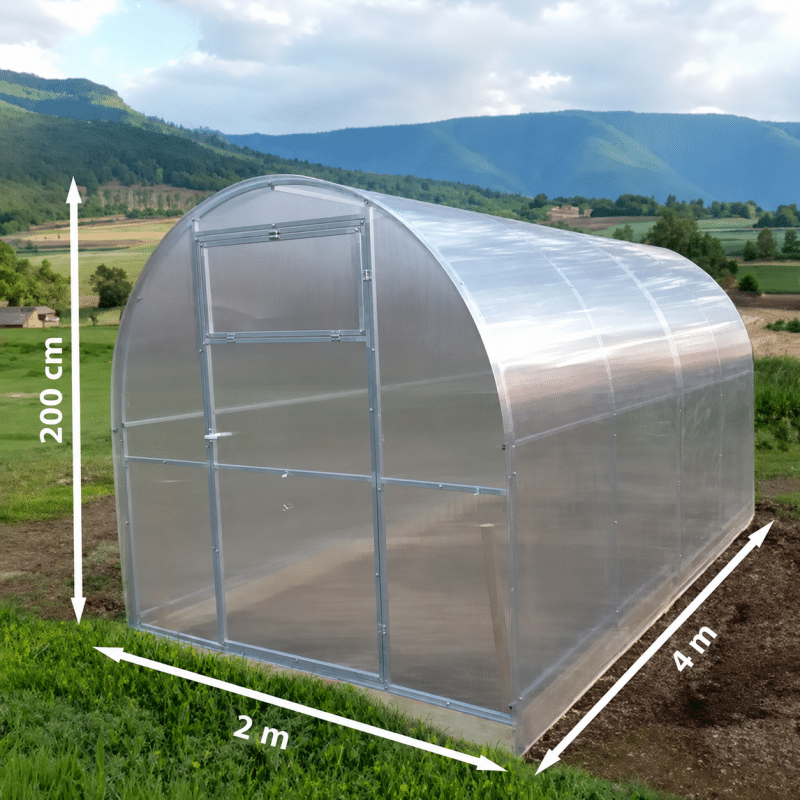 Arched translucent greenhouse with a metal frame in a rural field base measures 2 m by 4 m and height 2 m 200 cm