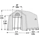 Slika tehnične risbe rastlinjaka Maxy Grow z oznakami dimenzij 30 metra širine in 61 metra dolžine višina pri vhodu je 249 metra in višina v sredini 208 metra