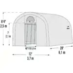 Tehnična skica rastlinjaka Maxy Grow z navedenimi merami 37 x 61 m ki prikazuje višino in širino rastlinjaka uporabno za načrtovanje vrta