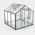 3D prikaz Maxy L 5 steklenega rastlinjaka z odprtimi vratci in črnim okvirjem ki ponuja razgled na notranjo zasnovo in prozornost materialov