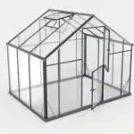 3D model steklenega rastlinjaka Maxy XL 7 z odprtimi vratci črnim okvirjem in prozornimi steklenimi paneli