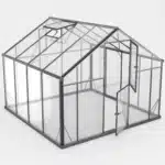 Računalniško generiran prikaz steklenega rastlinjaka Maxy XL 9 s prozorno streho in črnim okvirjem