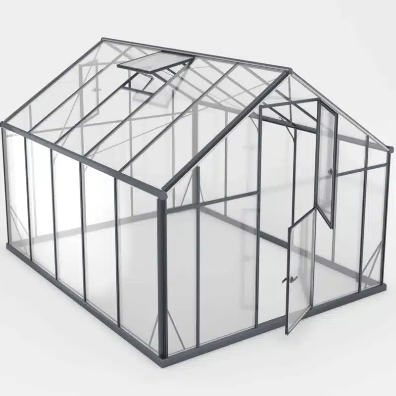 Prostran Maxy XL 10 stekleni rastlinjak s črnim kovinskim ogrodjem in strešnimi okni za ventilacijo idealen za vrtnarjenje