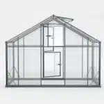 Eleganten Maxy XL 10 stekleni rastlinjak s prozornimi paneli in črnim okvirjem prikazan s sprednje strani poudarja sodoben dizajn