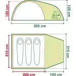 Shematični diagram šotora za kampiranje Coleman Crestline 3 ki prikazuje mere 305 x 210 x 120125 cm z narisanimi spalnimi vrečami v notranjosti za poudarjanje prostornosti in kapacitete šotora