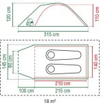 Tehnična skica šotora Coleman Darwin 2+ z navedenimi merami in razporeditvijo prostora ki zagotavlja jasne informacije o dimenzijah