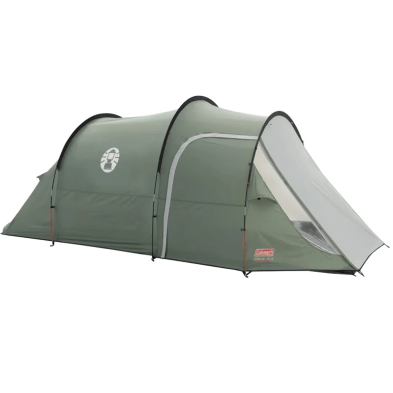Zelen šotor Coleman Coastline 3+ zaprt z zaščitnim nadstreškom in črnimi detajli