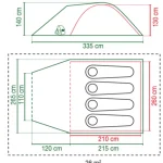 Tehnična skica šotora Coleman Darwin 4+ z navedenimi merami in postavitvijo spalnih vreč kar ilustrira prostornost in funkcionalnost šotora