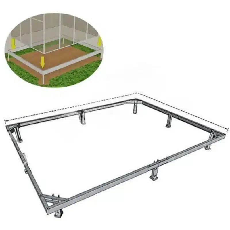 Kovinski temelj za rastlinjak 3x10 metrov prikazan z ločenimi komponentami in shemo sestavljanja