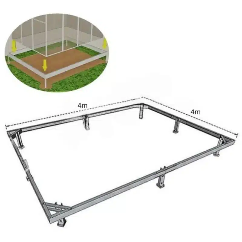 Prikaz montiranega temelja za rastlinjak 4x4m postavljenega na zeleni podlagi z označenimi dimenzijami in strukturo