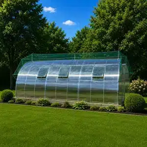 Curved transparent greenhouse in a well-kept backyard, with vented side panels and well-manicured plants around it.