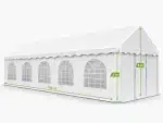 White marquee tent with arched windows along the side 10 m long 2 m wall height 3 m peak height