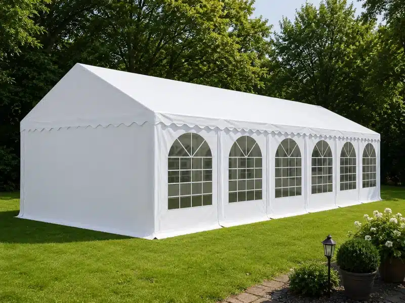 White event tent on a grassy lawn with arched window sides and decorative scalloped edge set among trees