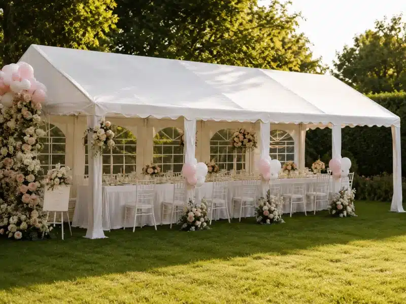 Outdoor white event tent set on green lawn with a long banquet table and floral centerpieces for a wedding reception