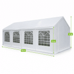 White marquee tent with four arched window panels dimensions shown 8 m long 2 m wall height 3 m peak height