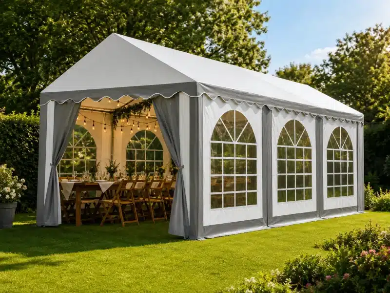 White outdoor event tent with arched windows and string lights set for a garden dinner