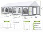 Large white event tent with 12 m length 6 m width and 3 m height showing 6 rectangular segments of 2 m each and a side entrance