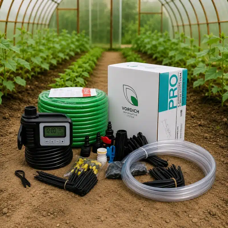 Drip irrigation kit laid out on soil in a greenhouse with timer green hose tubing and fittings beside a boxed system