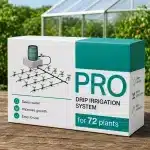 Box for PRO drip irrigation system showing diagram of a network of drip lines and a water barrel on a concrete stand highlights water efficiency and plant growth benefits