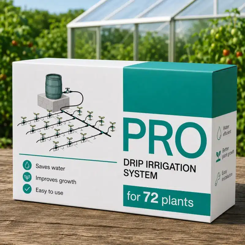 Box for PRO drip irrigation system showing diagram of a network of drip lines and a water barrel on a concrete stand highlights water efficiency and plant growth benefits