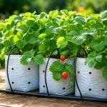 Strawberry plants in blue fabric pots with drip irrigation tubing showing ripe red berries surrounded by green leaves