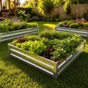 Raised metal garden beds filled with lettuce and other greens plus strawberry plants in a sunny backyard