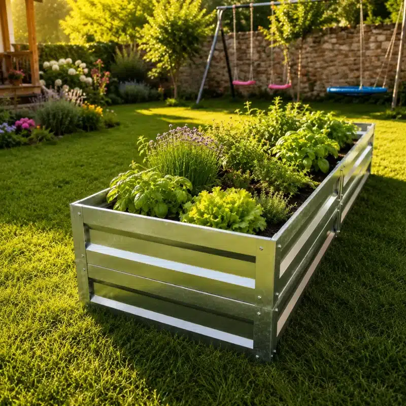 Metal raised planter filled with herbs and flowering plants in a sunlit backyard lawn