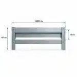 Dimensioned metal fence panel with two vertical posts and three horizontal slats width 100 m left post height 40 cm right side height 20 cm measurement callouts shown