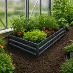 Raised metal garden bed in a greenhouse with tomato plants and lettuce greens growing in rich soil