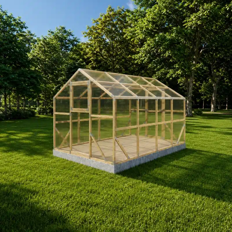 Wood framed greenhouse with transparent panels on a grassy lawn surrounded by trees on a sunny day