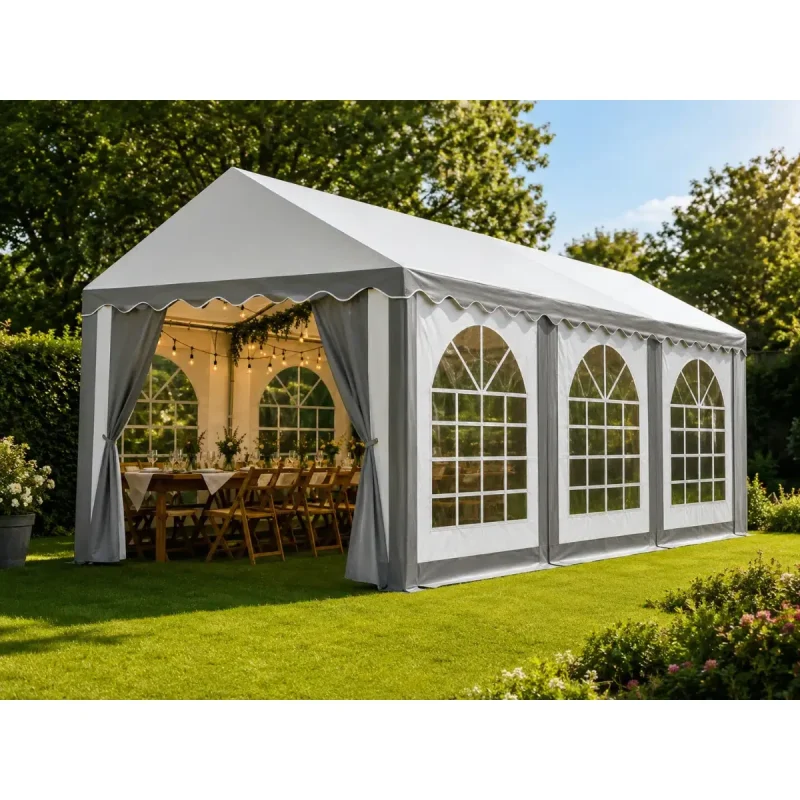 Veranstaltungszelt 6 × 12 m PVC mit Seitenwänden mit Fenstern und Lichterketten